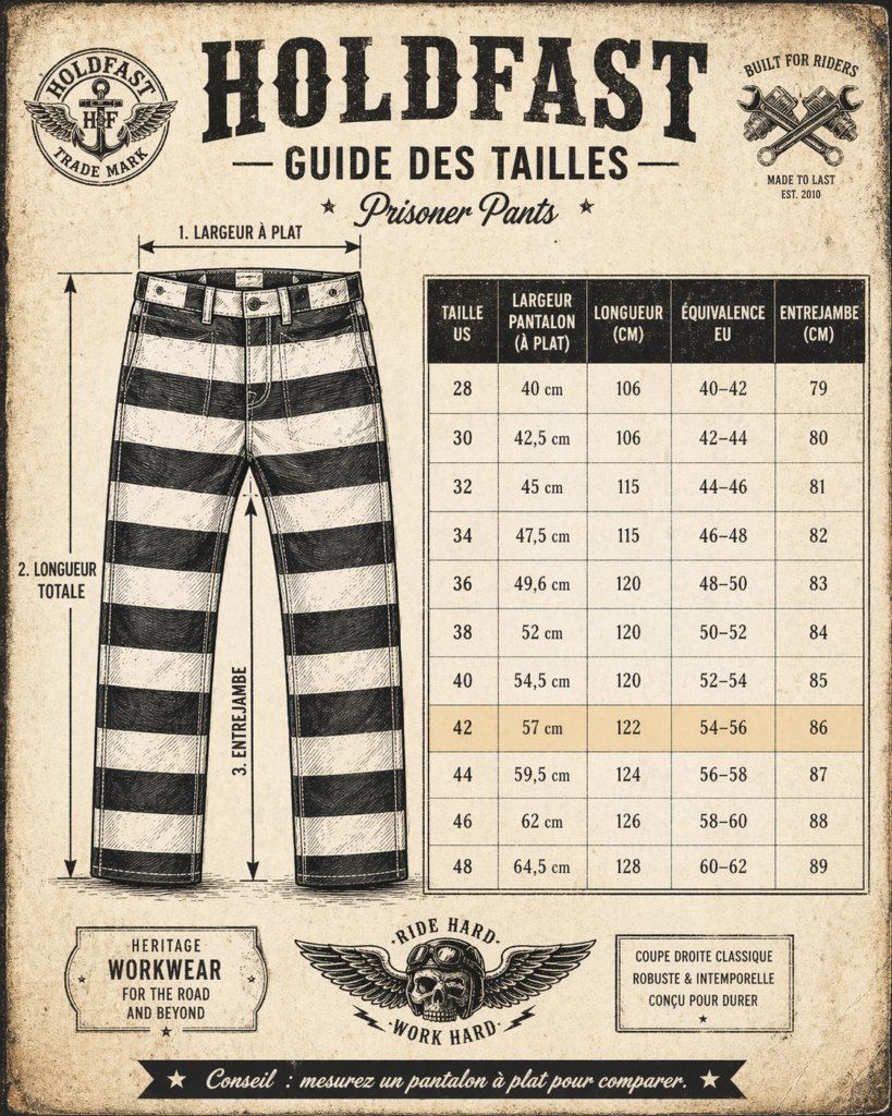 Grille des tailles des pantalons Hold Fast : correspondance US, EU, largeur à plat, longueur et entrejambe