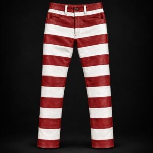 Pantalon cuir bagnard Cayenne rayé rouge et blanc Hold Fast, vue de face